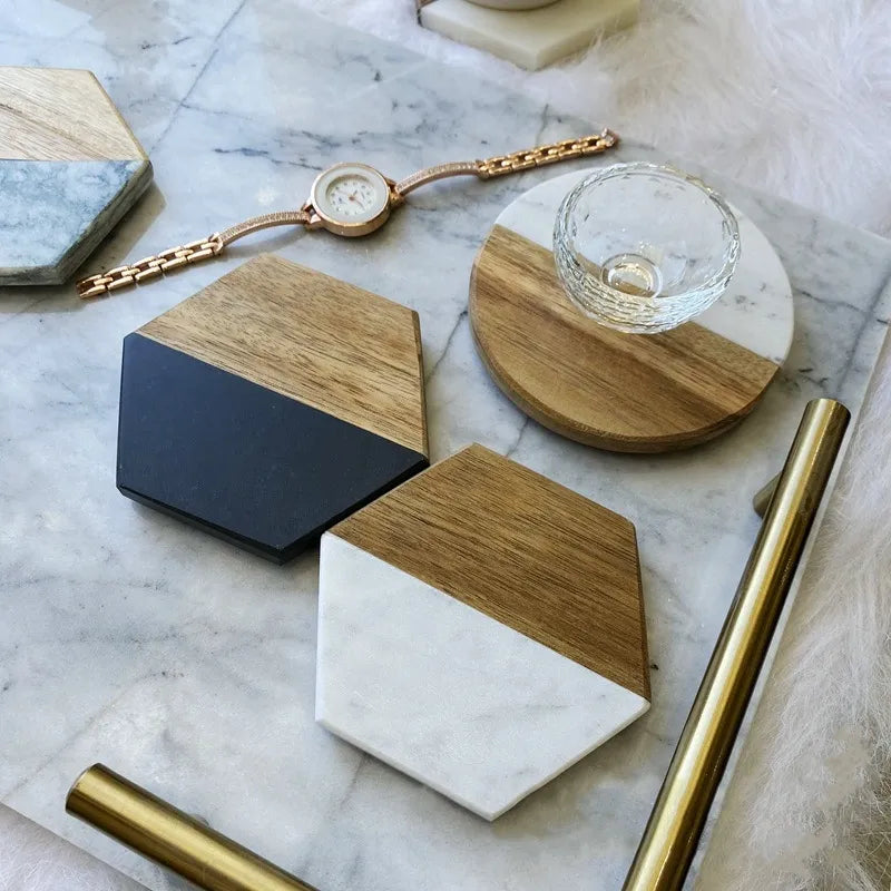 Luxury Marble and Acacia Coaster | 4 Pack